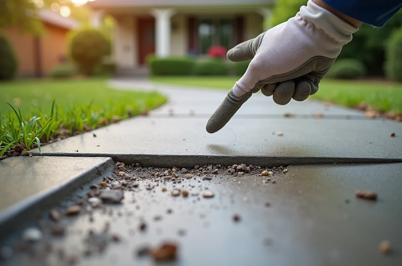 A settled residential concrete slab with a visible joint height difference.